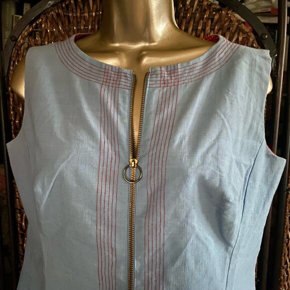 Size L//Vintage 60s Chambray Polka Dot Zip Up Playsuit - Picture 2 of 6